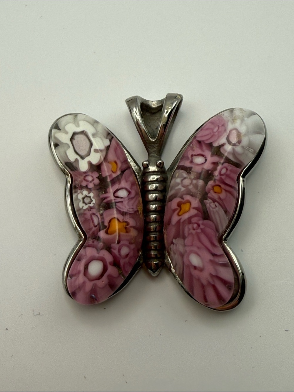 Karis Signed Butterfly Pendant Pink Floral Millefiori Glass Silver Tone Jewelry - Picture 6 of 7